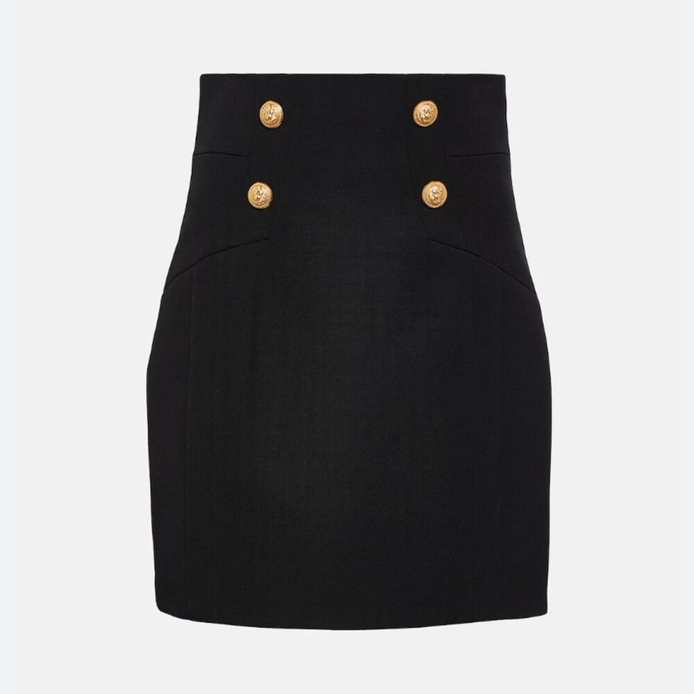 Balmain Black High Rise Gold Button Wool Skirt RT $1195 Size 34